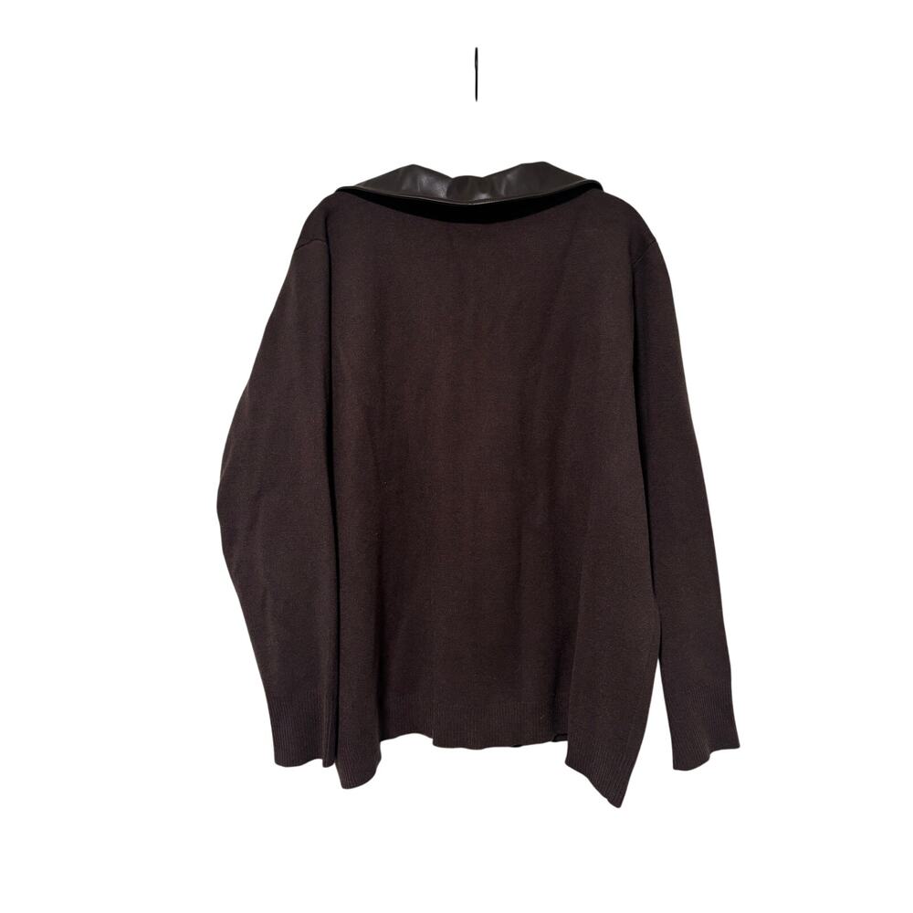 La Vila Milano Women’s Brown Zip Front Knit Cardigan Faux Leather Collar Size 2X - Picture 6 of 7